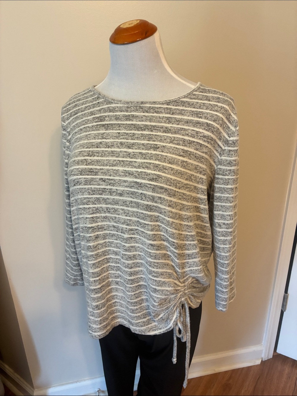 Gray & White Striped Tie-Side Knit Blouse